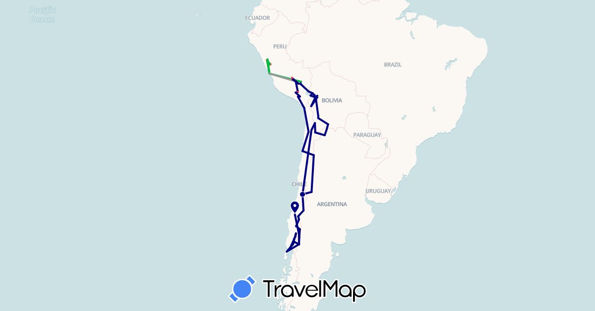 TravelMap itinerary: driving, bus, plane, cycling, hiking in Argentina, Bolivia, Chile, Peru (South America)
